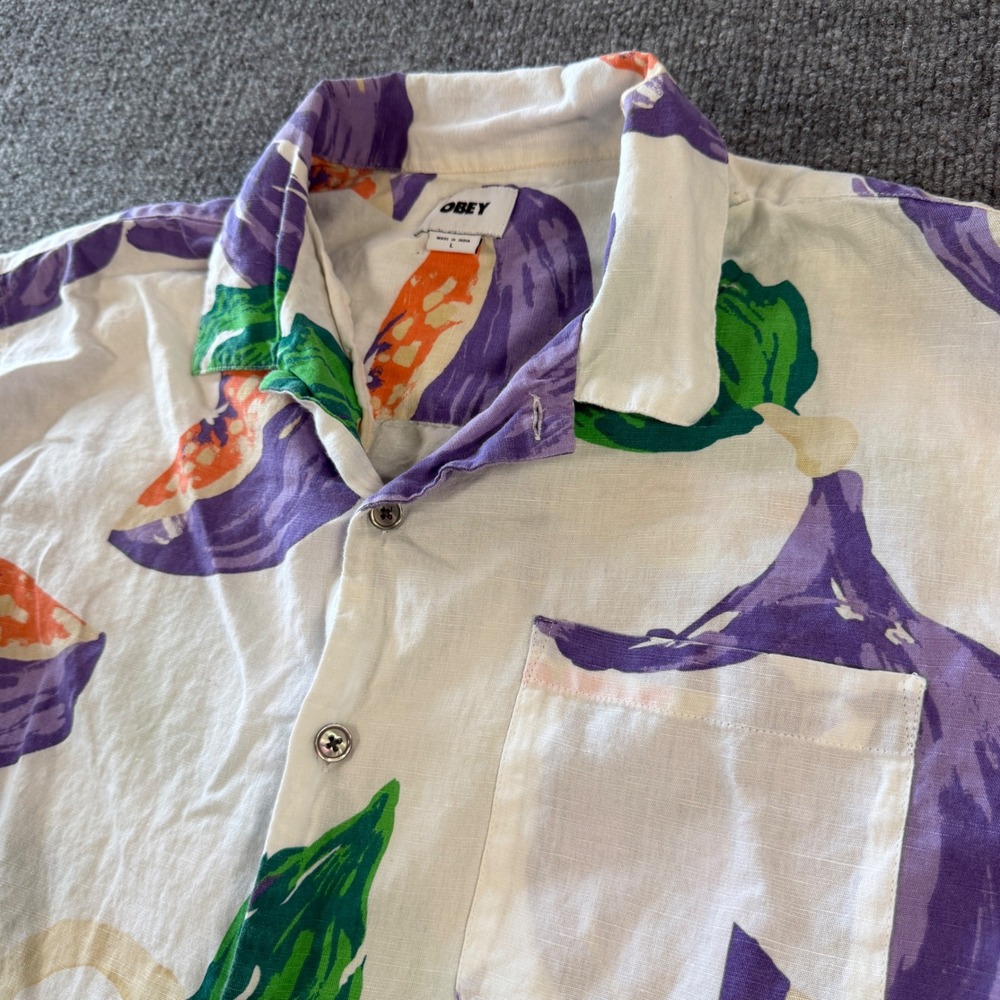 Vintage Obey Fruit Print Short Sleeve Button Up Cotton Linen White Large